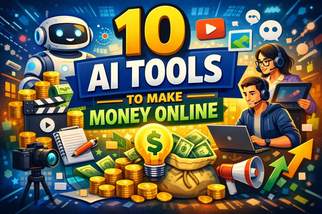 10 AI tools to make money online illustration showing AI robot, content creators, and digital earning concepts