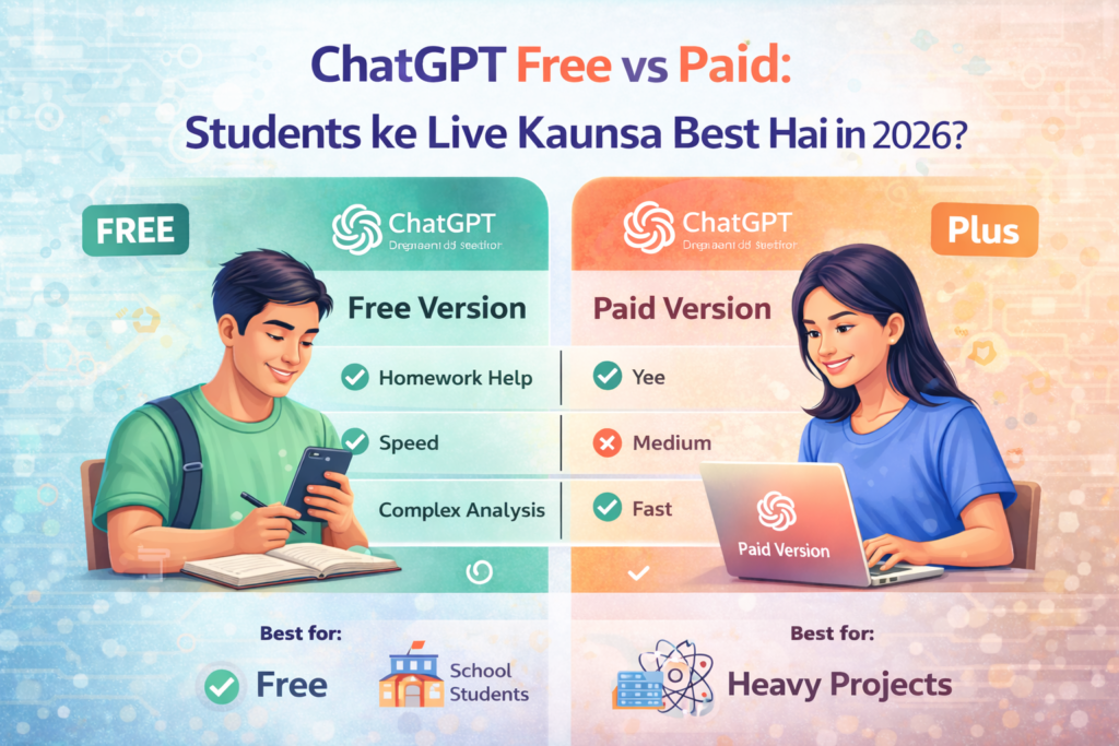 ChatGPT Free vs Paid comparison image for students showing features without price in 2026