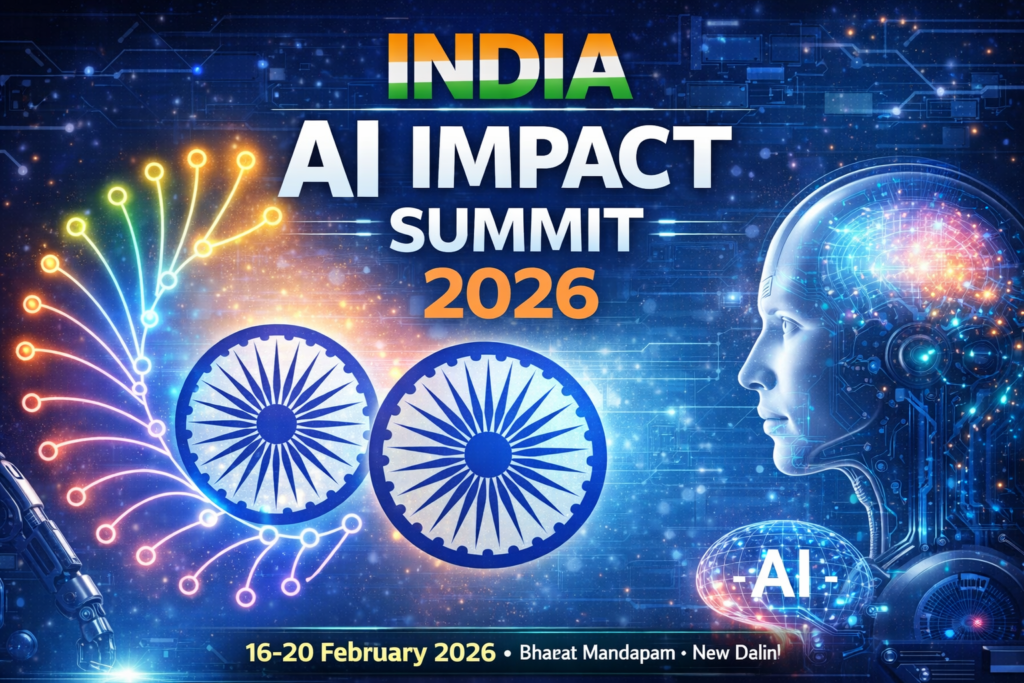 India AI Impact Summit 2026 ka futuristic AI themed illustration, jisme AI technology aur India ka innovation focus dikhaya gaya hai